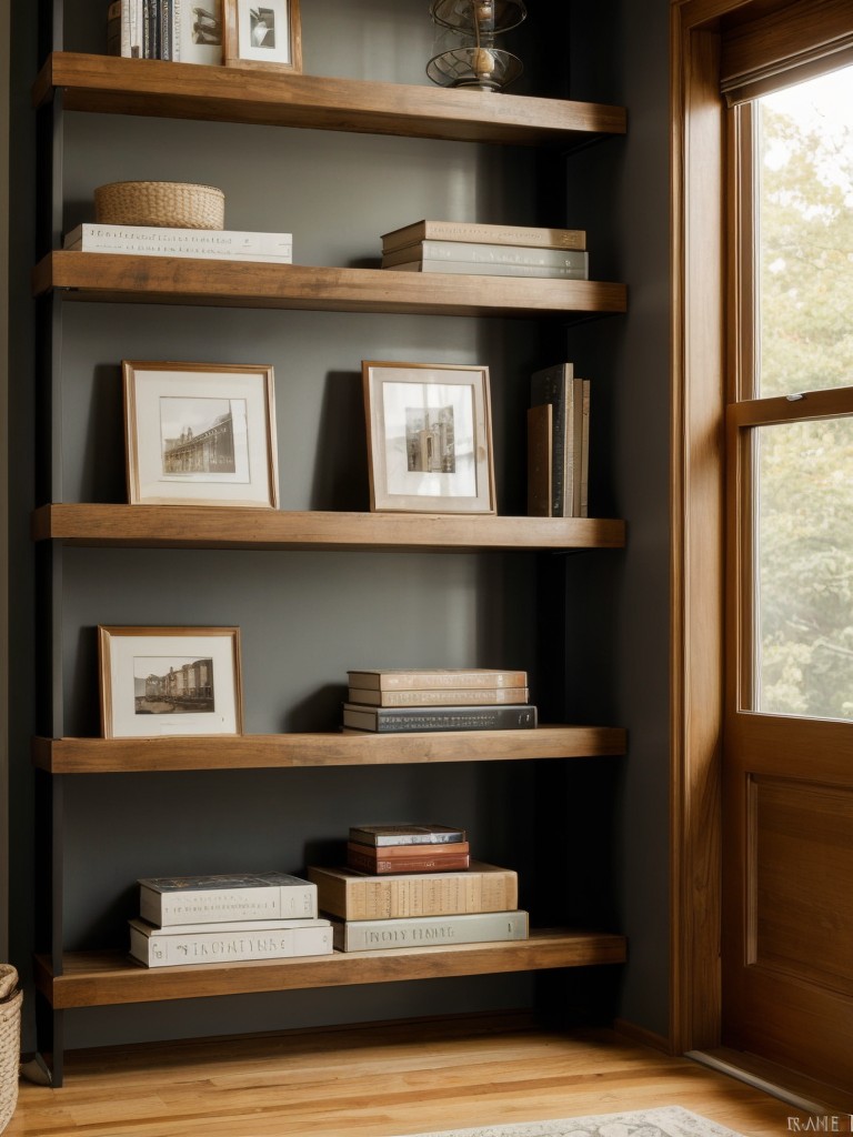 Incorporate open shelving units or bookcases to display decorative items, books, or personal mementos without the need for expensive built-ins.