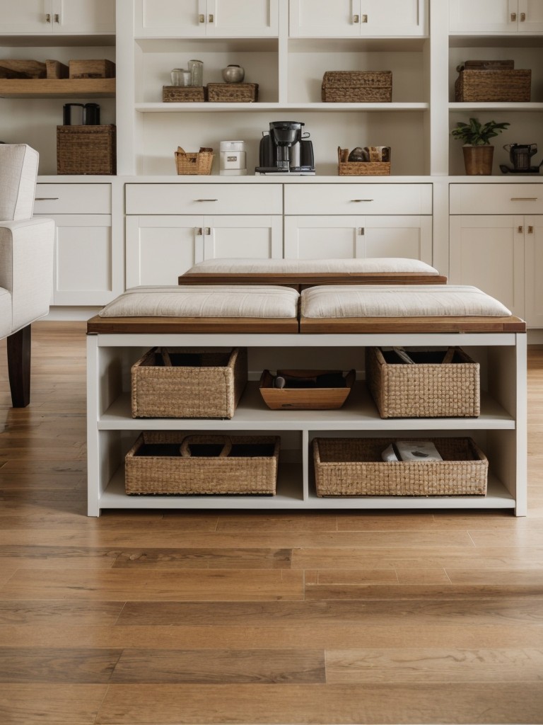 Maximize storage space by incorporating multipurpose furniture, such as ottomans with hidden storage compartments or coffee tables with built-in shelving.