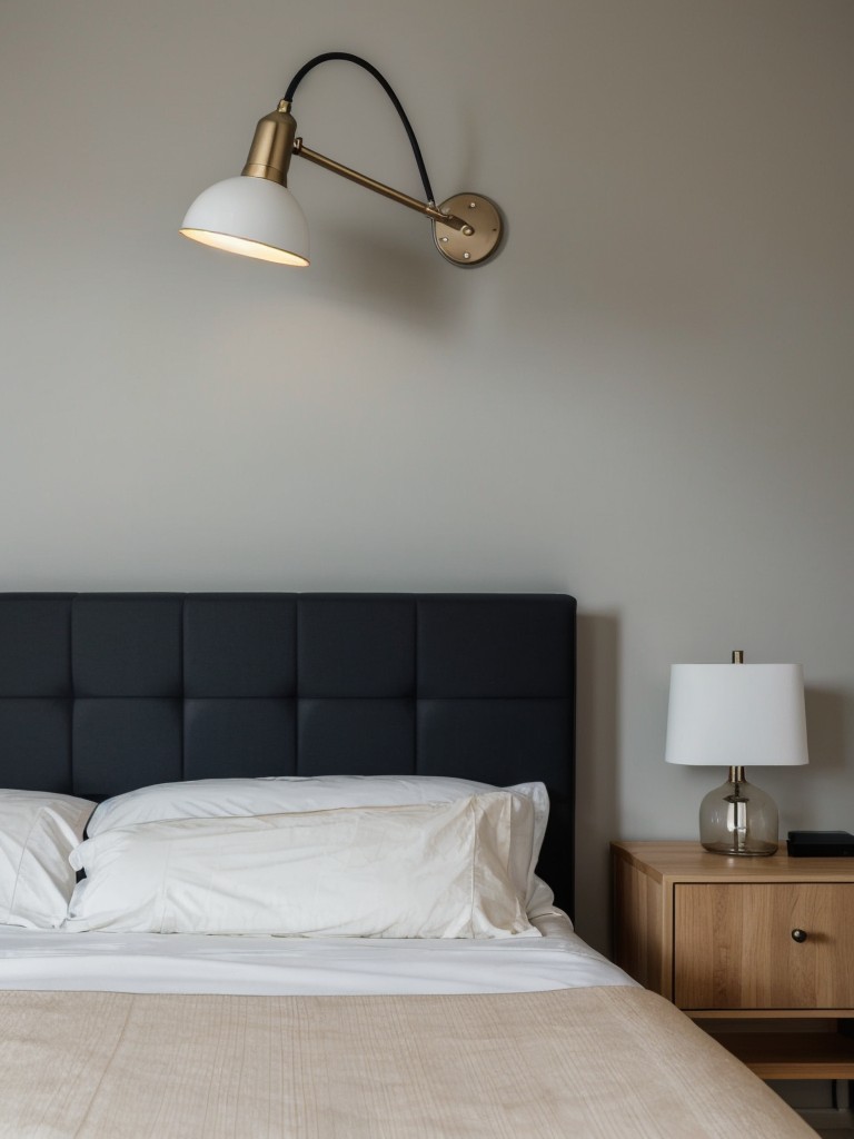 Hang wall-mounted bedside lamps to free up limited nightstand space.