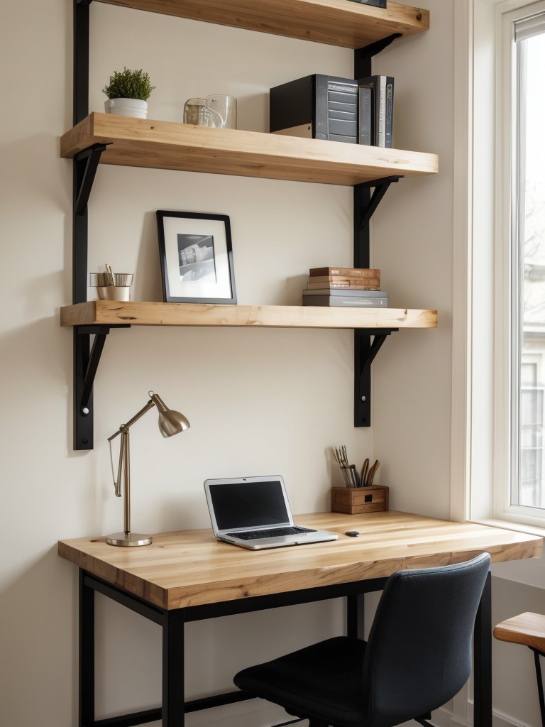 Install a floating desk or a wall-mounted shelf as a compact workspace solution.