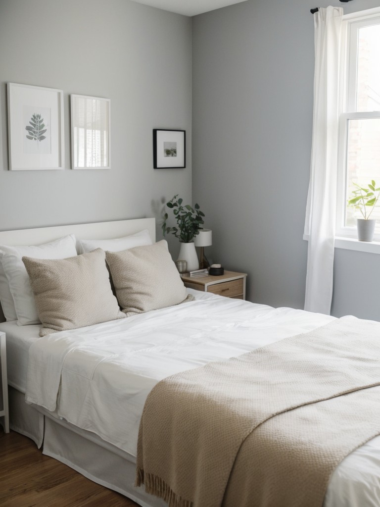 Opt for a minimalist approach to decor to avoid overcrowding the small bedroom.