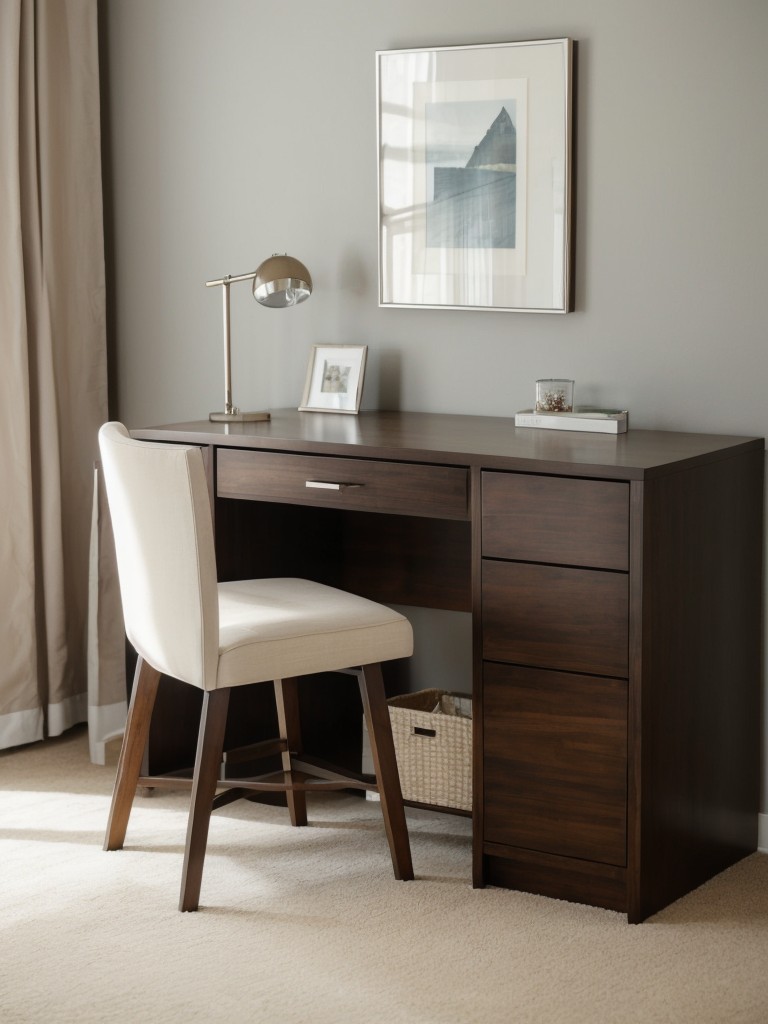 Utilize multipurpose furniture, such as a bed frame with built-in storage or a desk that can double as a vanity.