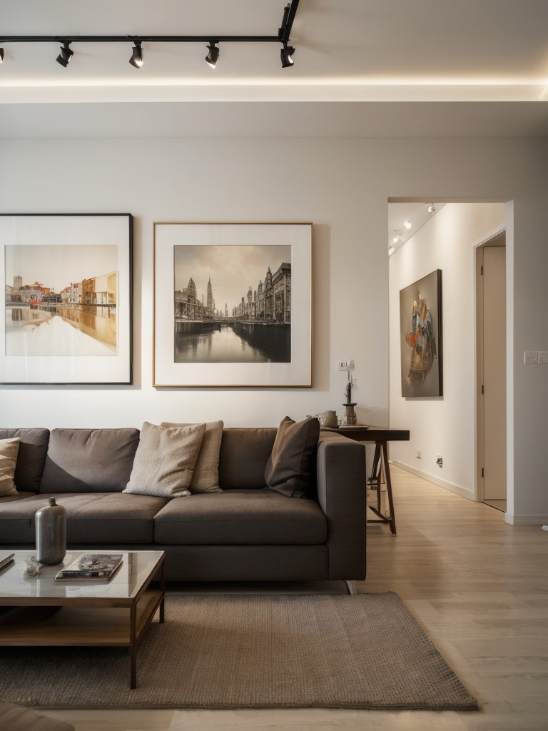 Art-lover bachelor apartment ideas with a gallery-style layout, showcasing favorite artwork and collectibles, with strategic lighting for emphasis.