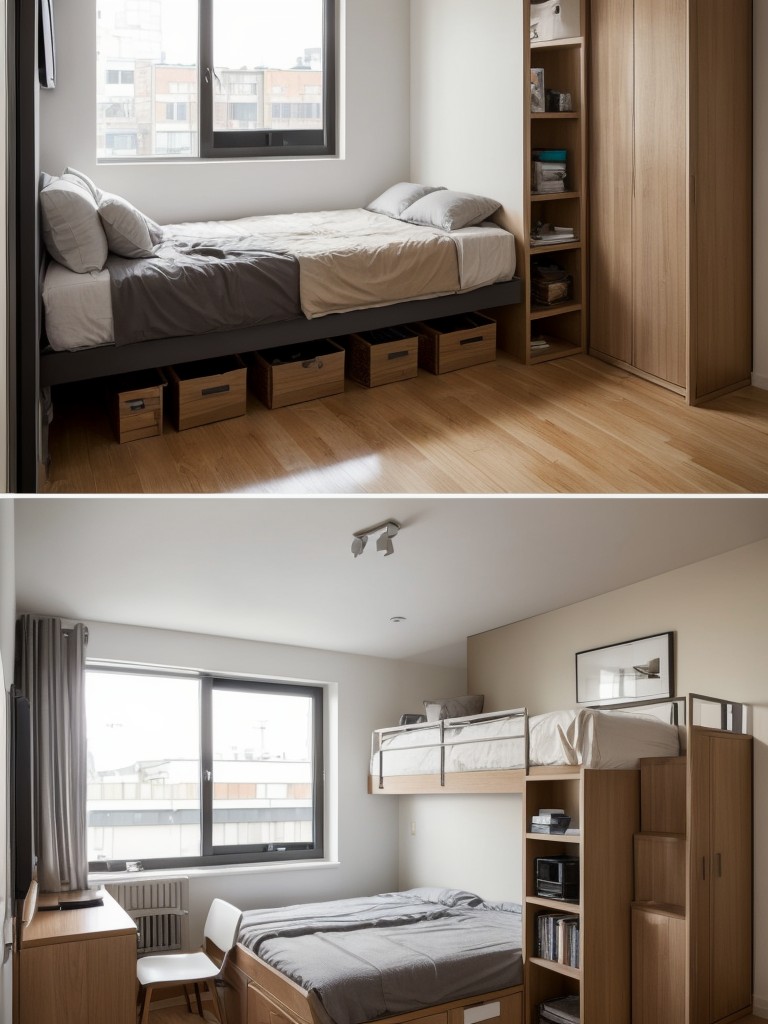 Compact bachelor apartment ideas for small spaces, focusing on efficient storage solutions, folding furniture, and maximizing vertical space.