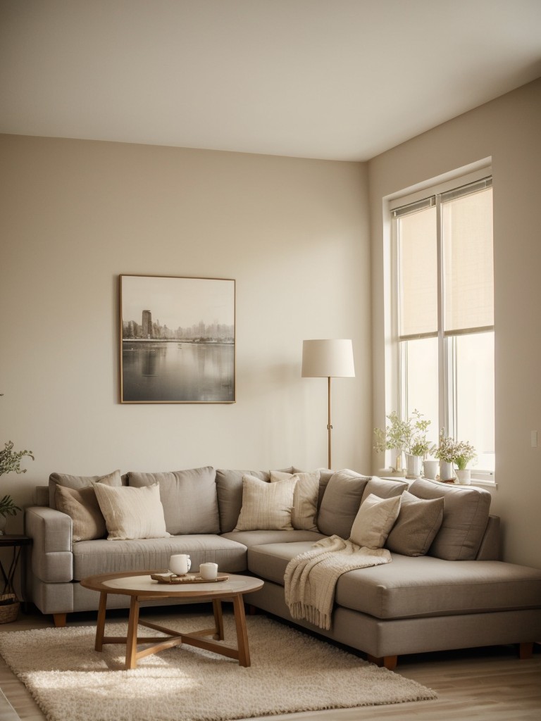 Cozy and inviting bachelor apartment ideas with a neutral color scheme, comfy seating options, and soft lighting for a relaxing atmosphere.