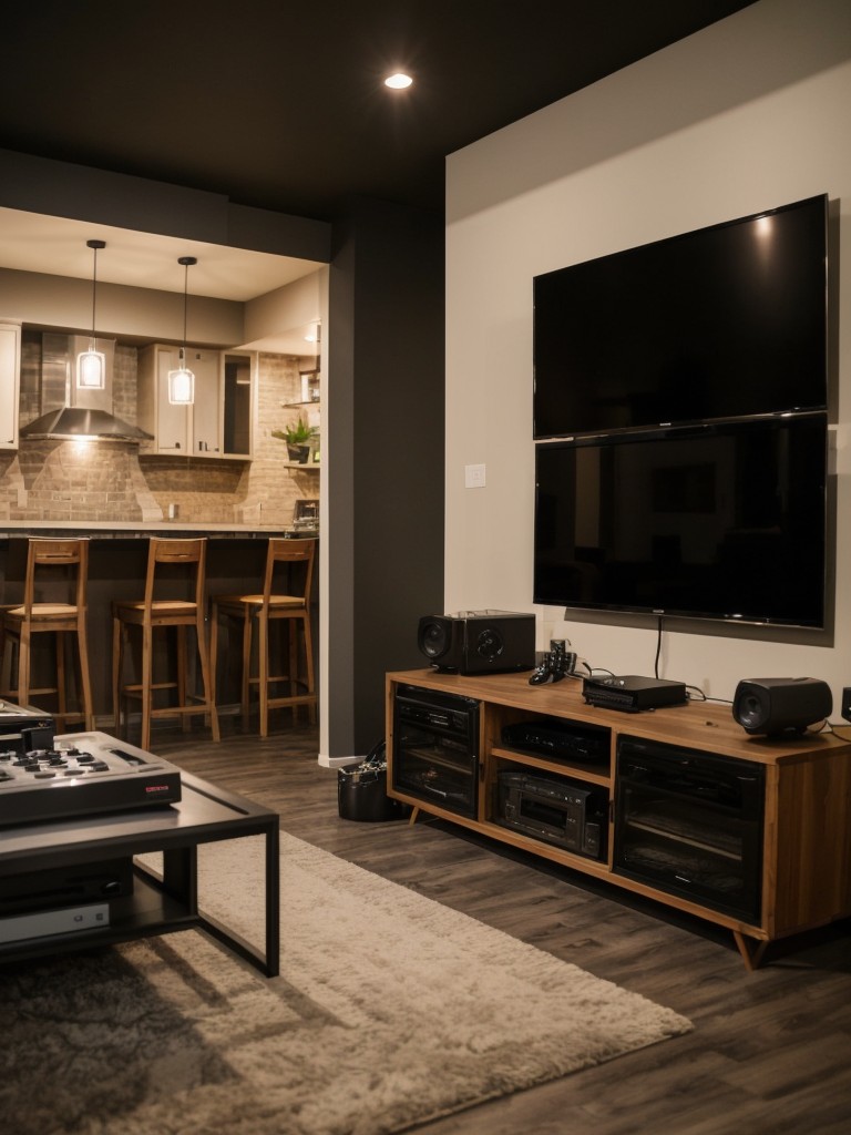 Gamer-friendly bachelor apartment ideas with a dedicated gaming zone, comfortable seating, and gaming-inspired decor elements.