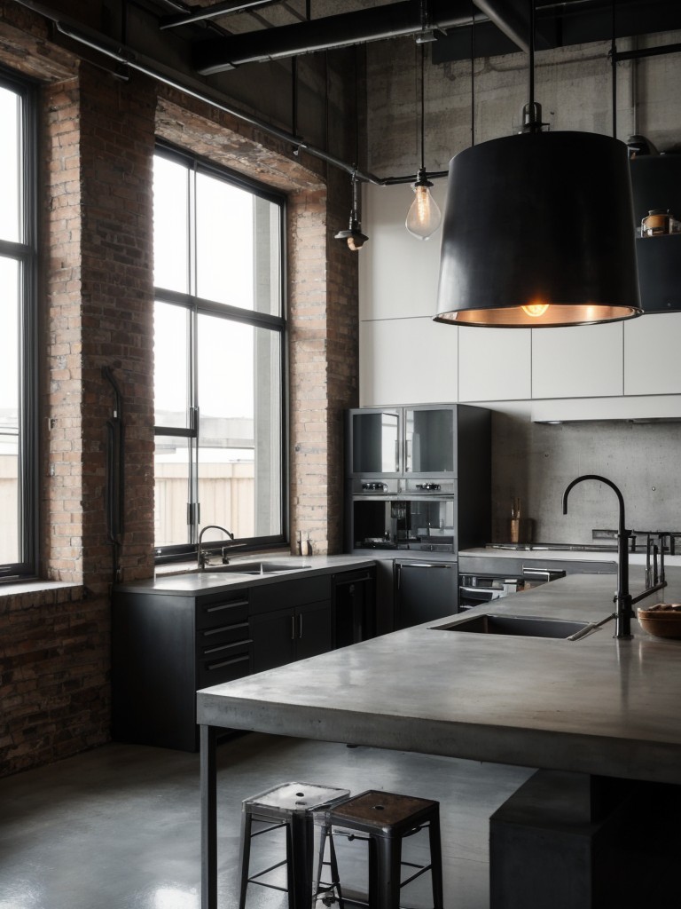 Industrial-chic bachelor apartment ideas with a raw and edgy vibe, incorporating metal accents, concrete finishes, and statement lighting fixtures.