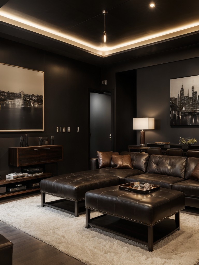 Masculine bachelor apartment ideas with a dark color palette, leather furniture, and artwork that reflects personal style and interests.