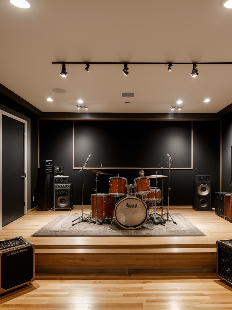 Music enthusiast bachelor apartment ideas with a home recording studio setup, instrument storage, and a dedicated space for practicing and playing music.