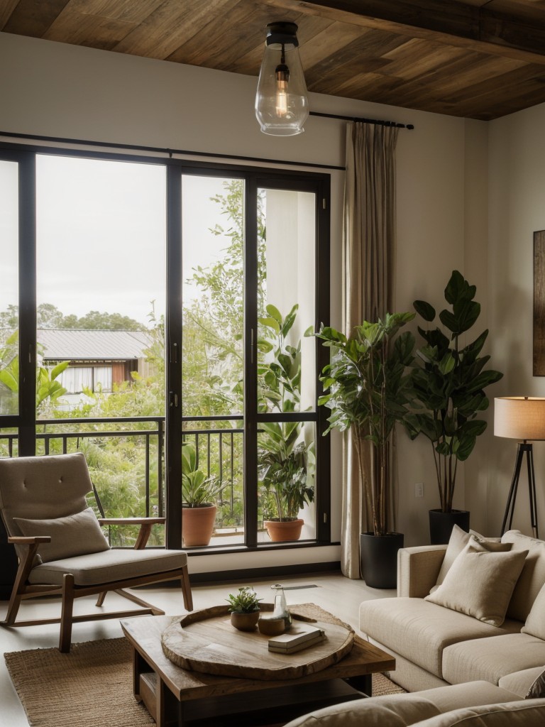 Nature-inspired bachelor apartment ideas with earthy tones, natural materials, and indoor plants to create a calm and peaceful ambiance.