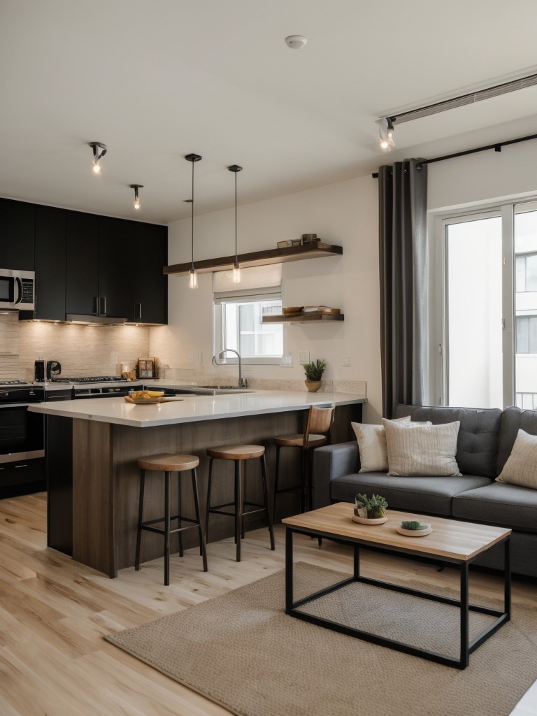 Open-concept bachelor apartment ideas with a combined living, dining, and sleeping area, utilizing multifunctional furniture to maximize space.