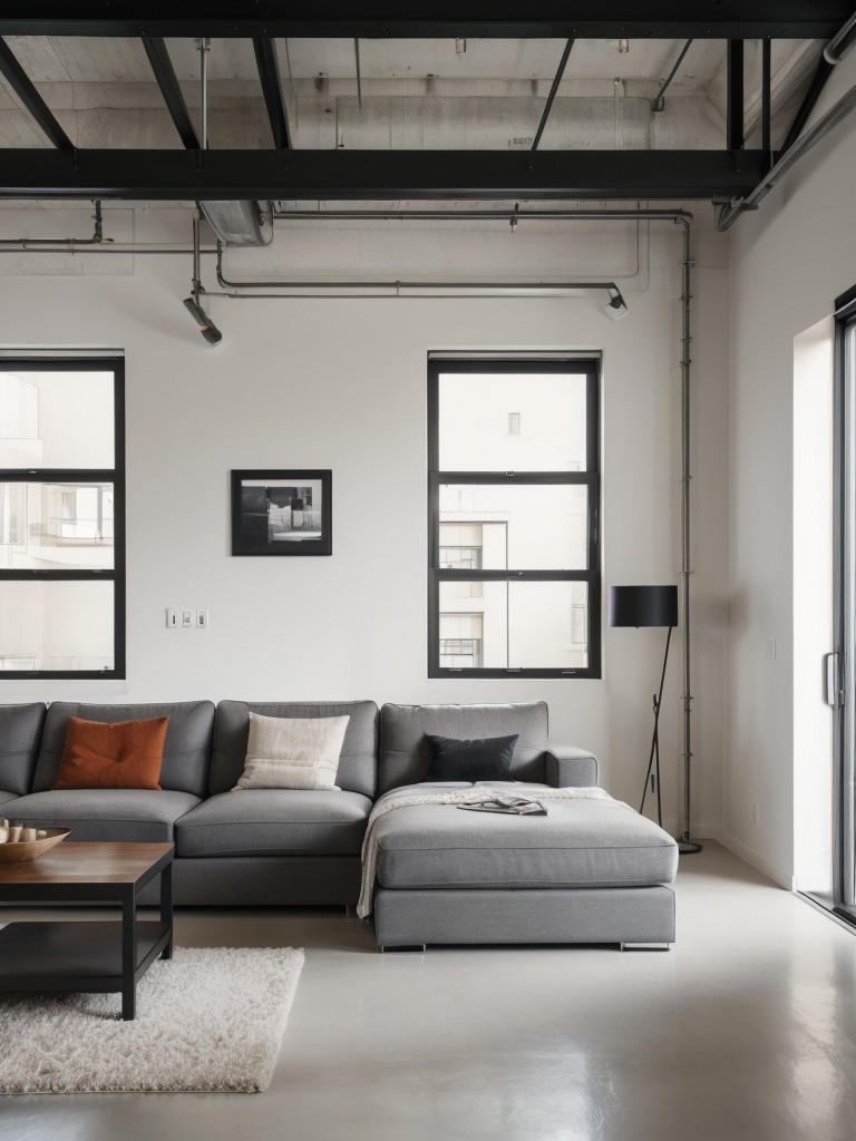 Sleek and minimalist bachelor apartment ideas with a contemporary color scheme, using statement furniture pieces and industrial-inspired decor elements.