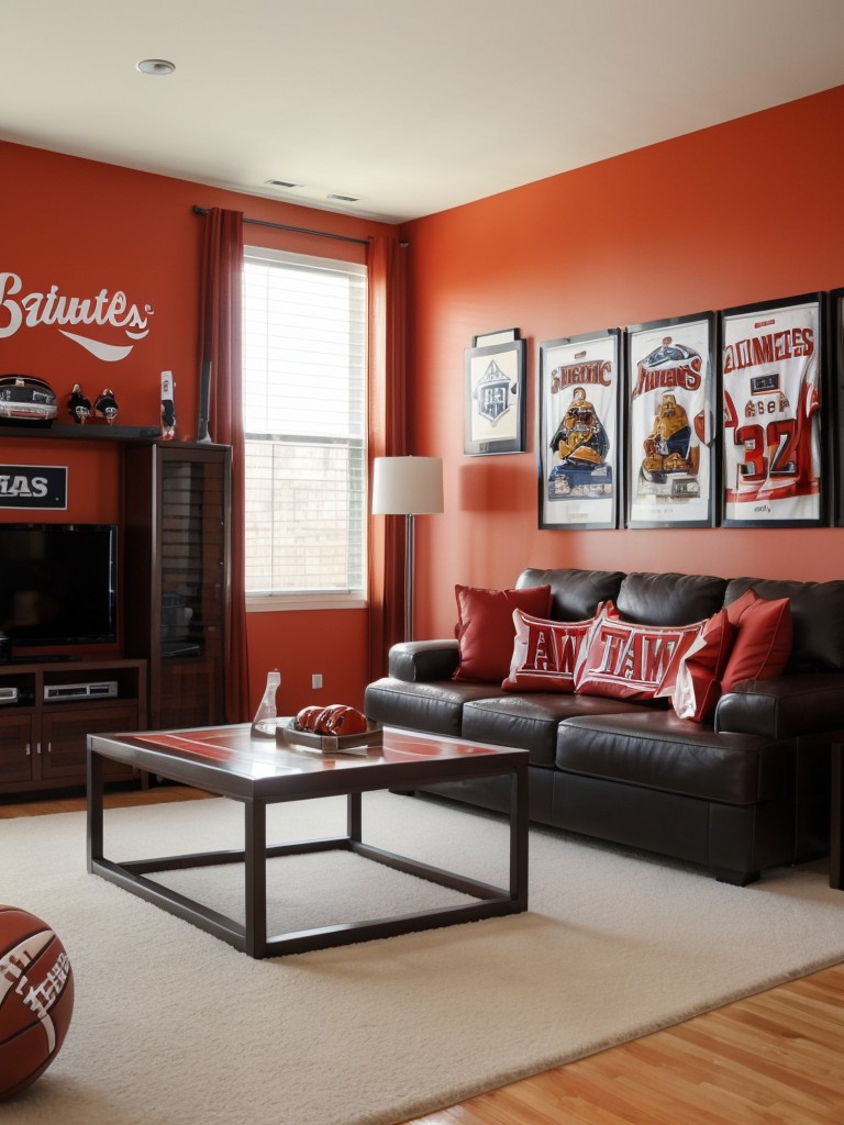 Sports-themed bachelor apartment ideas with decor elements that pay homage to favorite sports teams, incorporating memorabilia and sports-themed accessories.