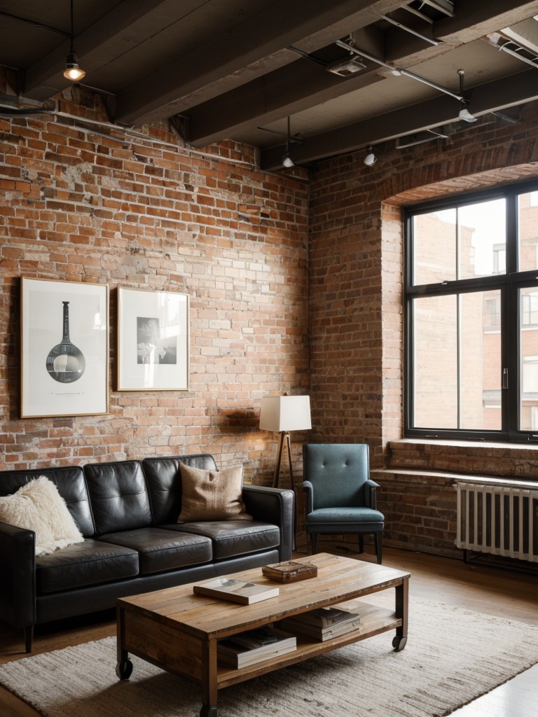 Urban loft-inspired bachelor apartment ideas with exposed brick walls, vintage furniture, and an eclectic mix of decor accessories.