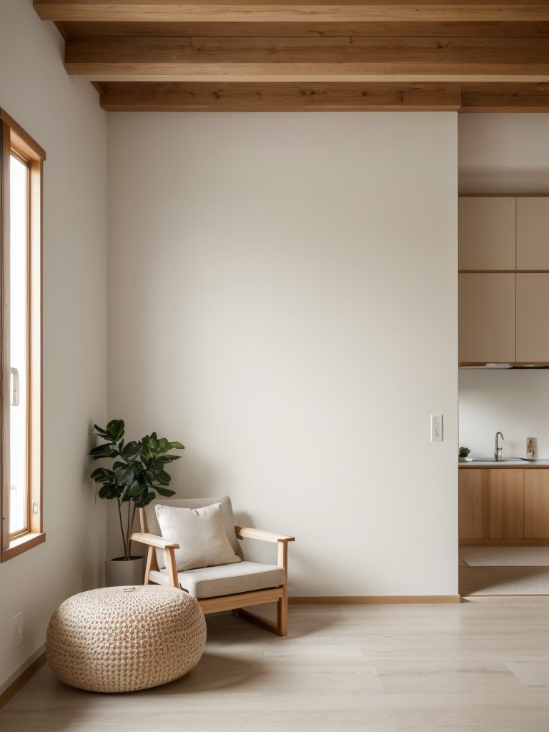 Zen-inspired bachelor apartment ideas with a minimalist aesthetic, using natural materials, soothing colors, and a designated meditation corner.