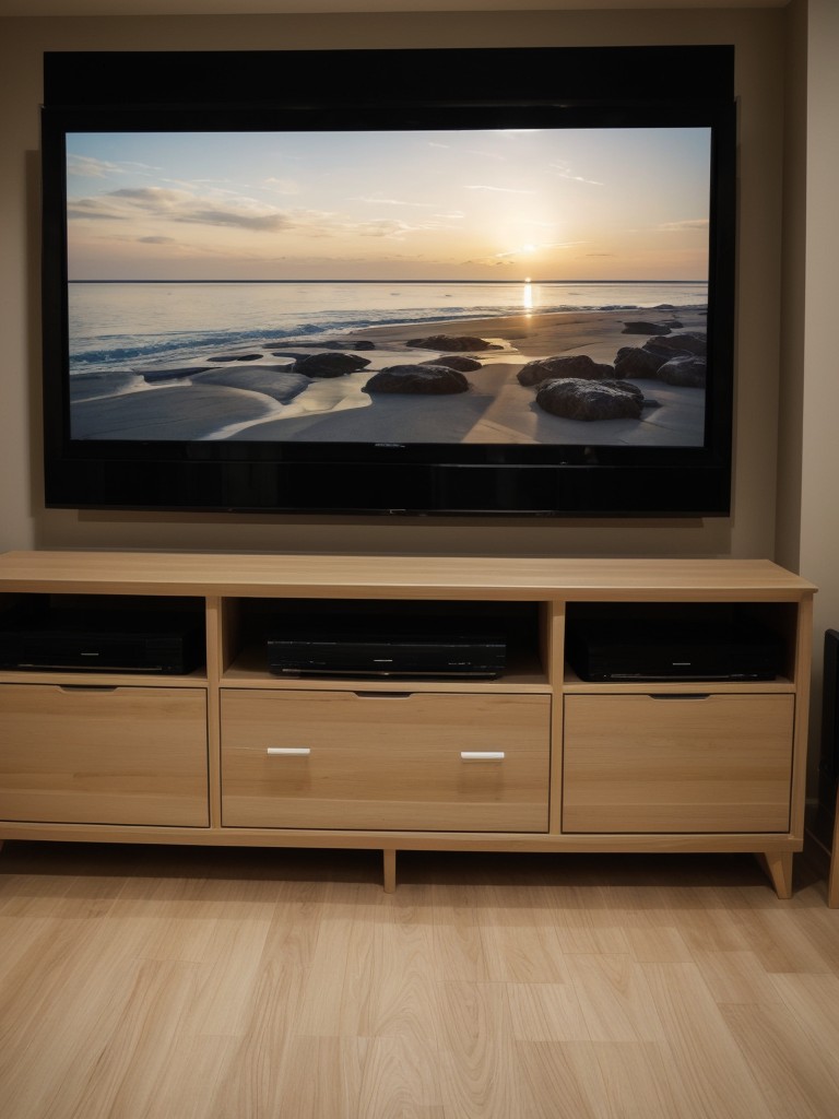 Implementing a wall-mounted television or projector screen for entertainment purposes while saving valuable floor space.