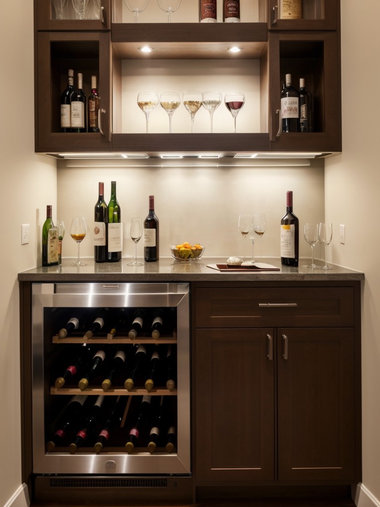 Incorporating a mini bar area with a compact wine fridge or a wall-mounted shelf for storing and displaying glasses and spirits.