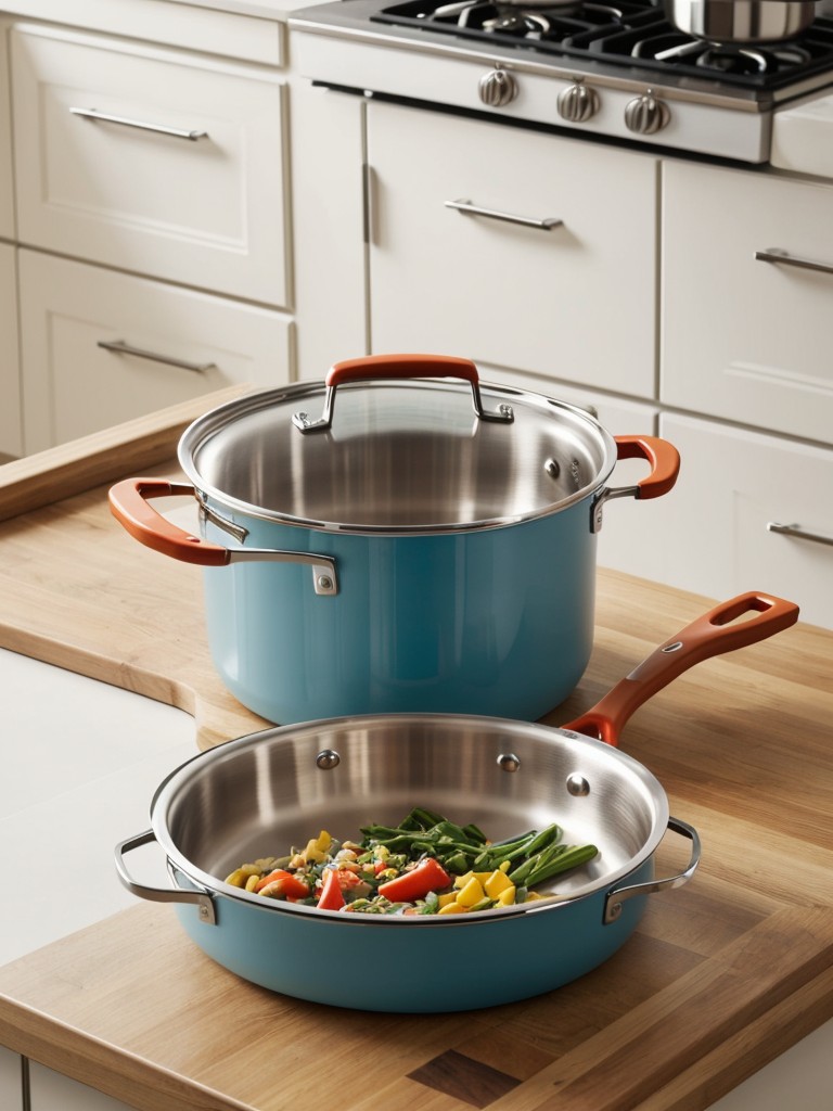 Coordinated cookware sets and kitchen accessories, like colorful utensils or non-stick pots and pans, for the aspiring home chef.