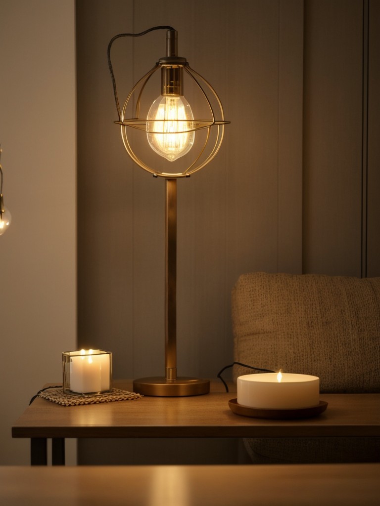 Creative and stylish lighting solutions, like string lights or unique table lamps, to add warmth and ambiance to the apartment.