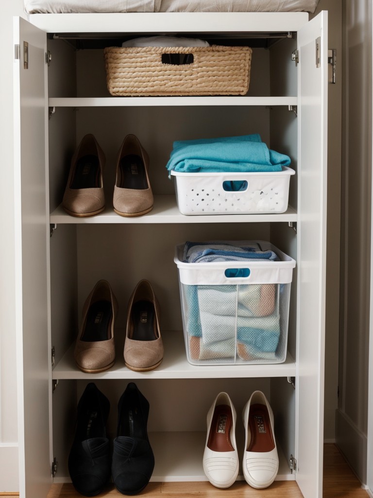 Space-saving organizers and storage solutions, like hanging shoe racks or under bed storage containers, to keep the apartment neat and organized.