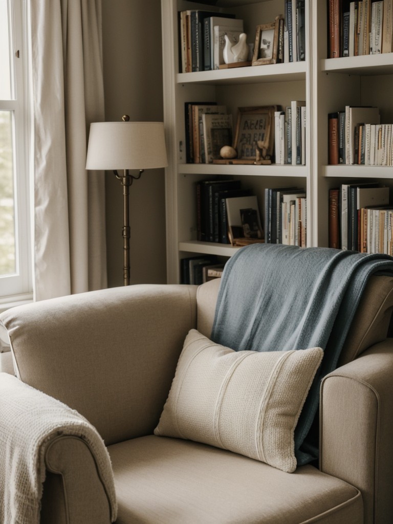 A cozy reading nook set up with a comfortable armchair, a warm throw blanket, and a variety of bestselling novels and magazines.