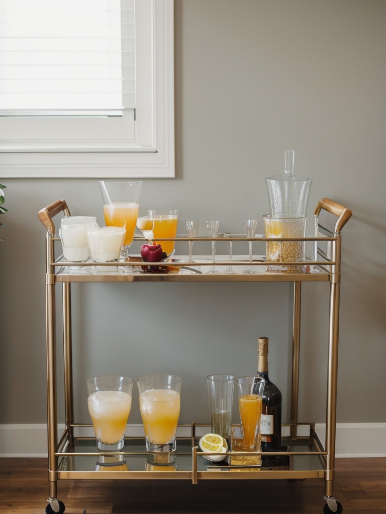 A stylish bar cart with a variety of glassware, mixology tools, and cocktail recipes for entertaining in the new apartment.