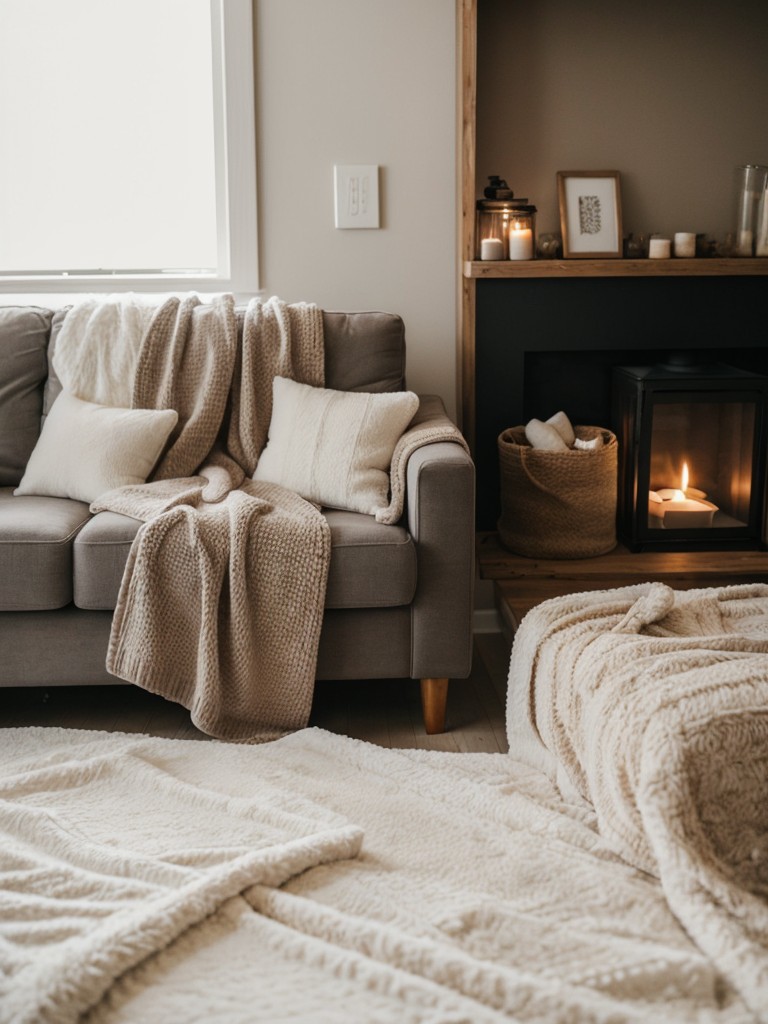 Cozy home essentials for a new apartment, such as plush blankets, scented candles, and a hot cocoa set.