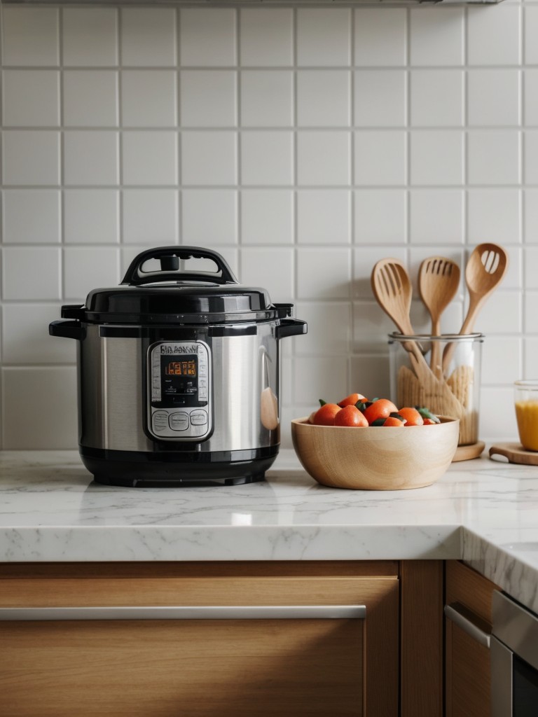 Practical kitchen gadgets for the new apartment, like a versatile slow cooker, a multi-purpose blender, and a stylish set of cooking utensils.