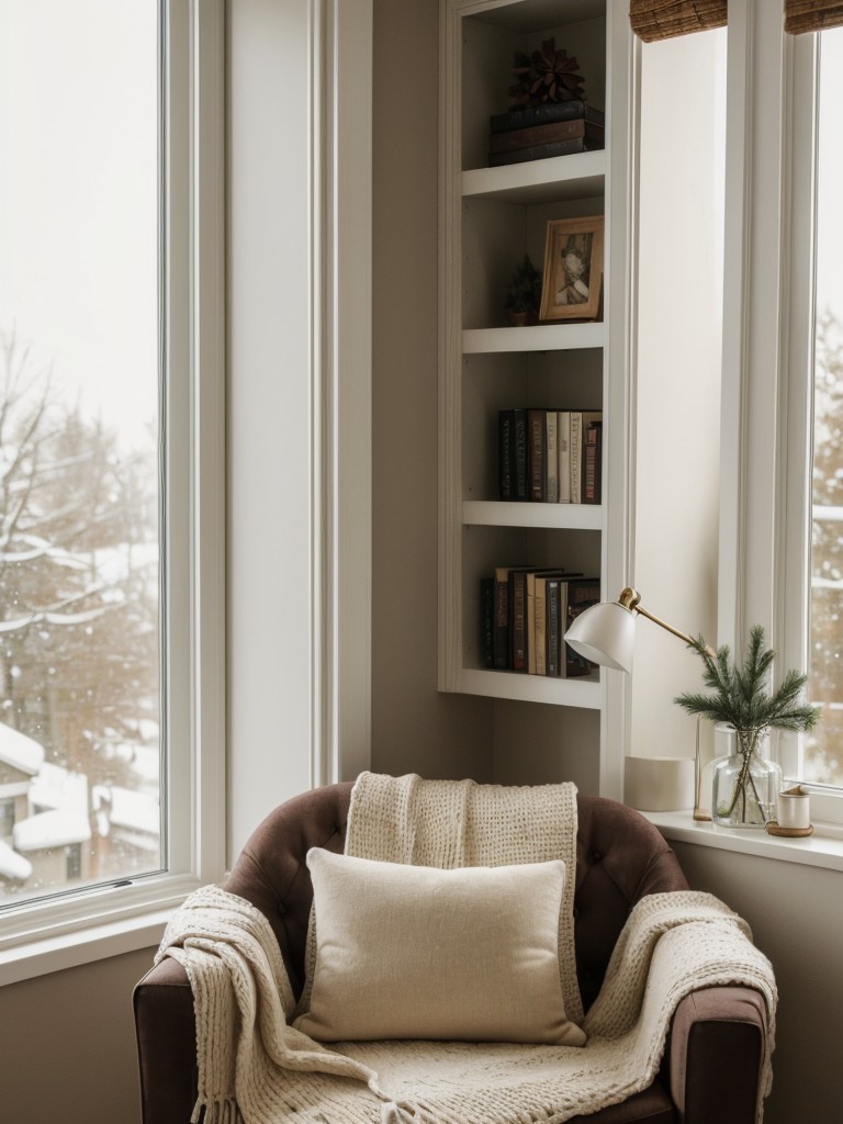 Create a cozy reading nook near a window, complete with a comfortable chair, soft blankets, and a stack of your favorite Christmas books.