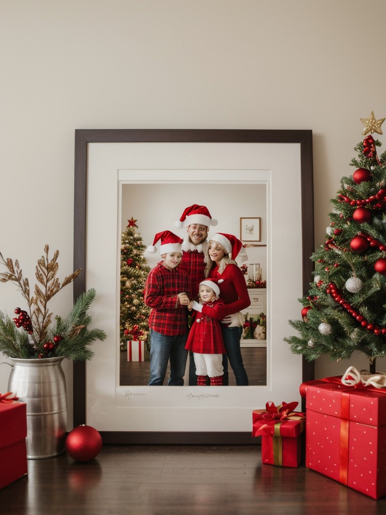 Create a holiday-themed gallery wall by framing festive prints, artwork, or even family photos dressed in holiday attire.