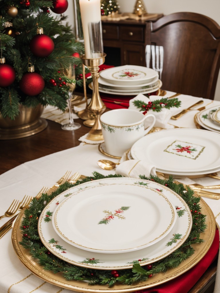 Incorporate a Christmas-themed tablescape in your dining area, complete with holiday-themed plates, napkins, and centerpieces.