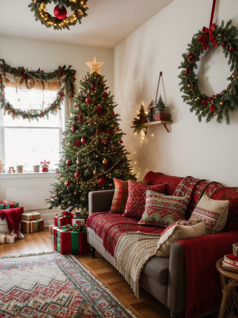 Bohemian-inspired Christmas decorating ideas for a small apartment, featuring vibrant textiles, macrame ornaments, and eclectic holiday displays to bring a cozy and artistic vibe.