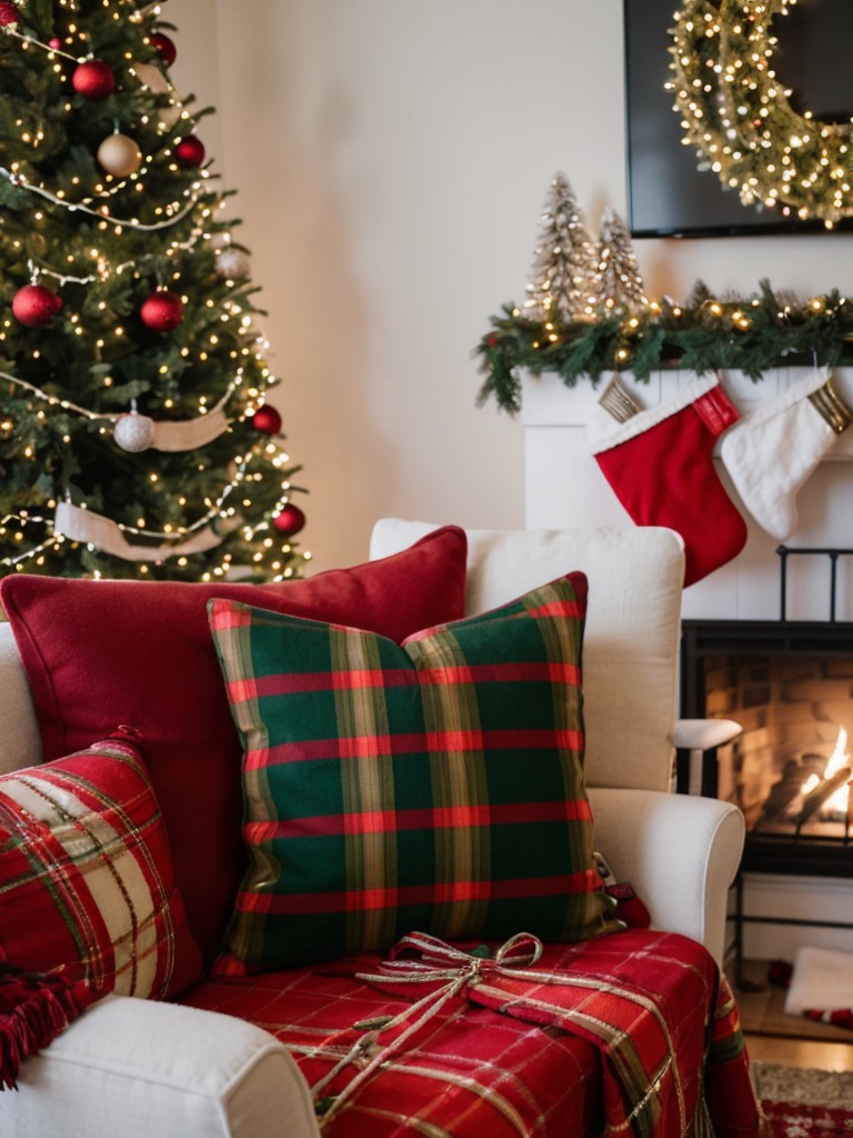 Bold and vibrant Christmas decorating ideas for a small apartment, incorporating pops of color through decorative throw pillows, bright string lights, and a mini festive bar cart.