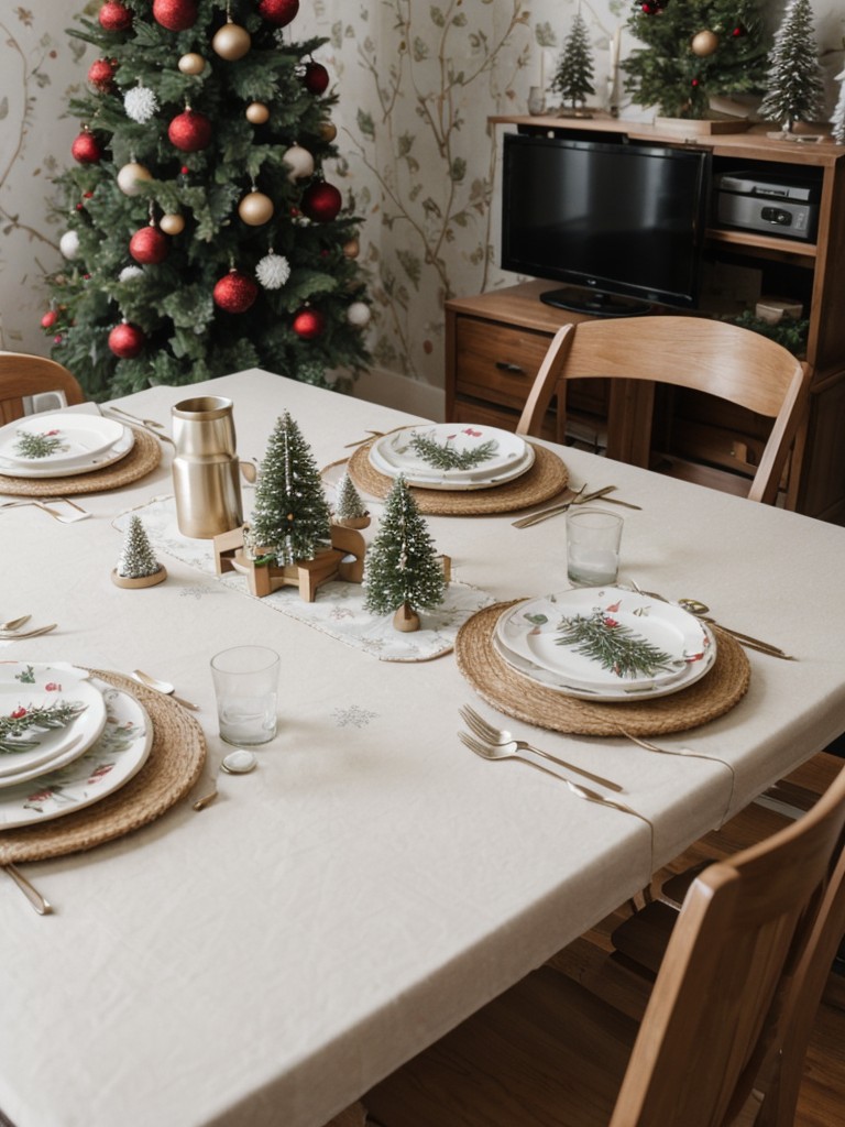 Christmas decorating tips for a small apartment, including using removable wallpaper, collapsible decorations, and table-top trees for a cozy holiday atmosphere.