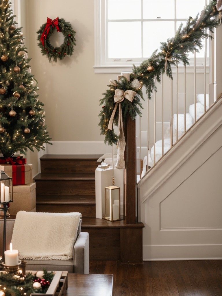 Classic Christmas decor ideas for a small apartment, including a mini tabletop tree, garlands along staircase railings, and cozy lighting to create a warm and inviting holiday ambiance.