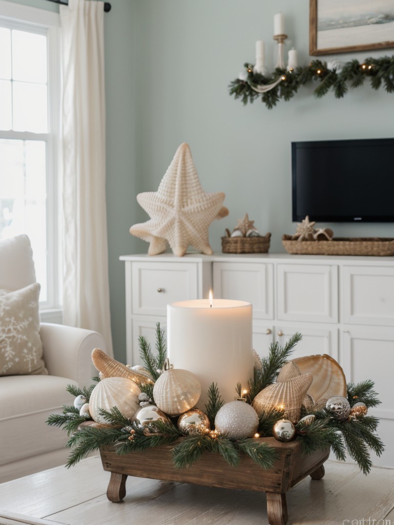 Coastal-inspired Christmas decorating ideas for a small apartment, featuring seashell ornaments, nautical accents, and a soft color palette to create a peaceful holiday retreat.