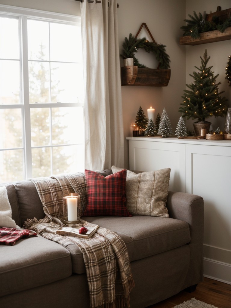 Create a cozy and rustic Christmas atmosphere in your small apartment with decorating ideas that include warm plaid textiles, wooden accents, and plenty of candlelight.