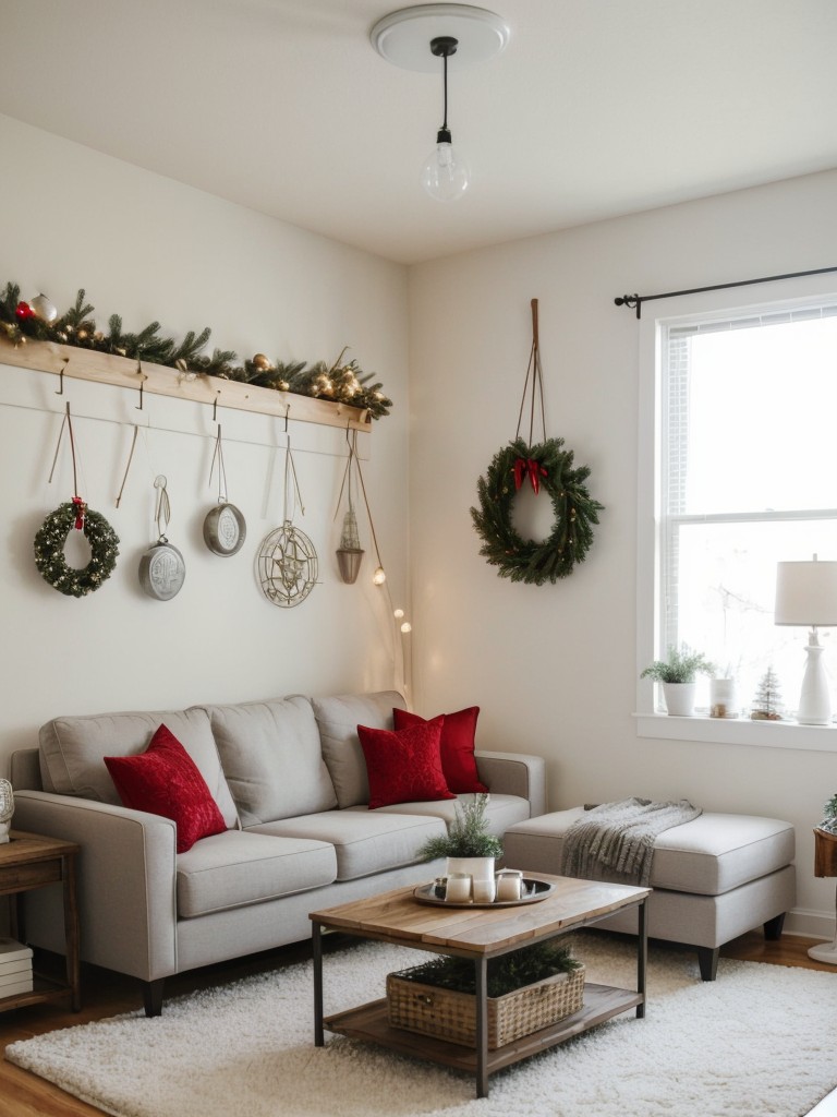 Creative ways to decorate a small apartment for Christmas, with DIY wreaths, wall decals, and hanging ornaments to maximize space.