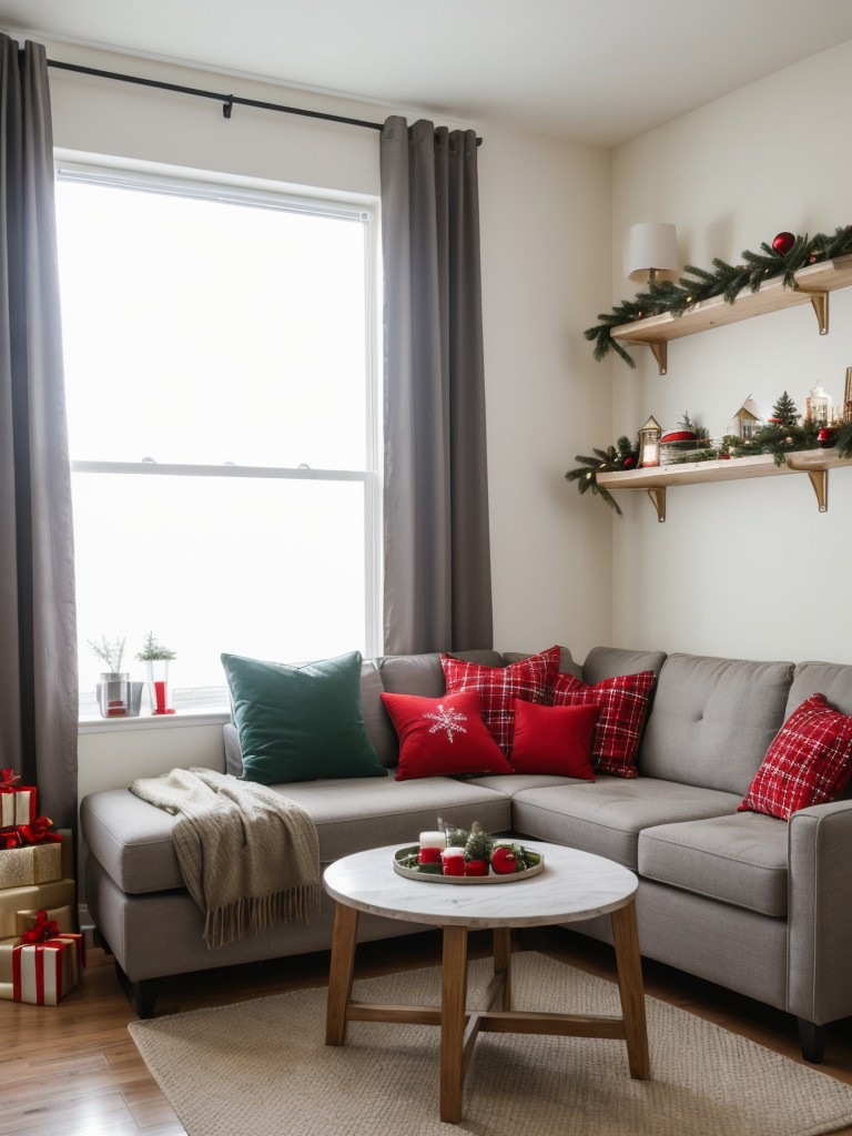 Festive and space-saving ideas for a small apartment Christmas decor, using mini trees, wall-mounted stockings, and compact holiday lights.