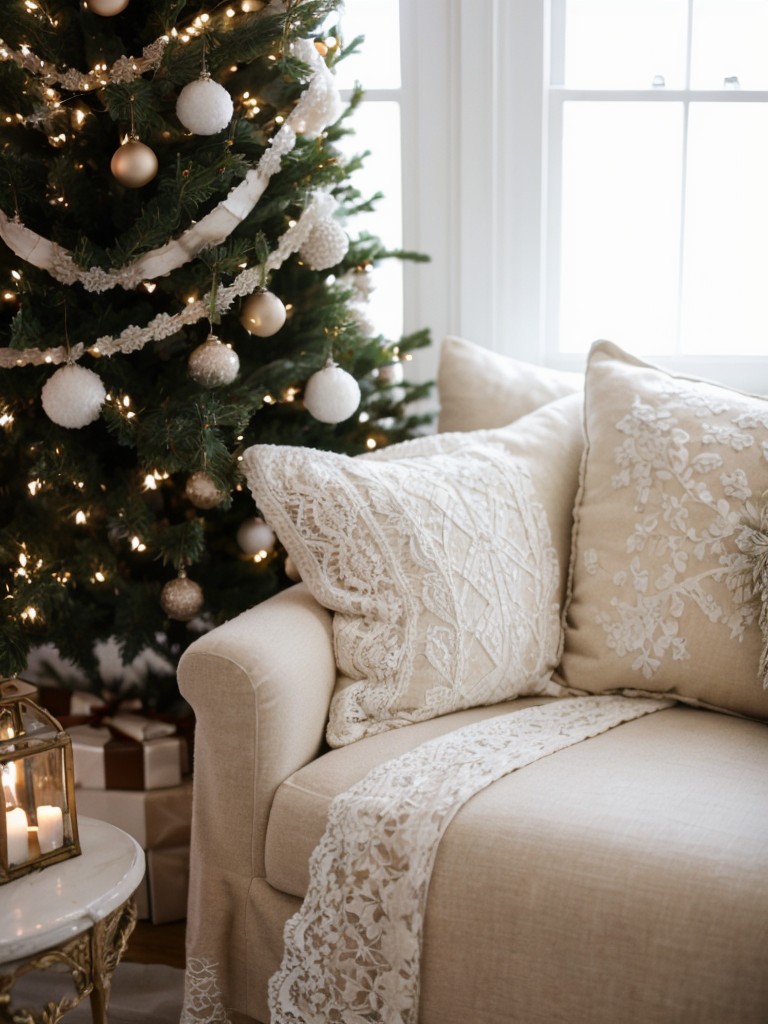 French country-inspired Christmas decor ideas for a small apartment, featuring elegant and romantic touches such as white lace, twinkle lights, and vintage ornaments.