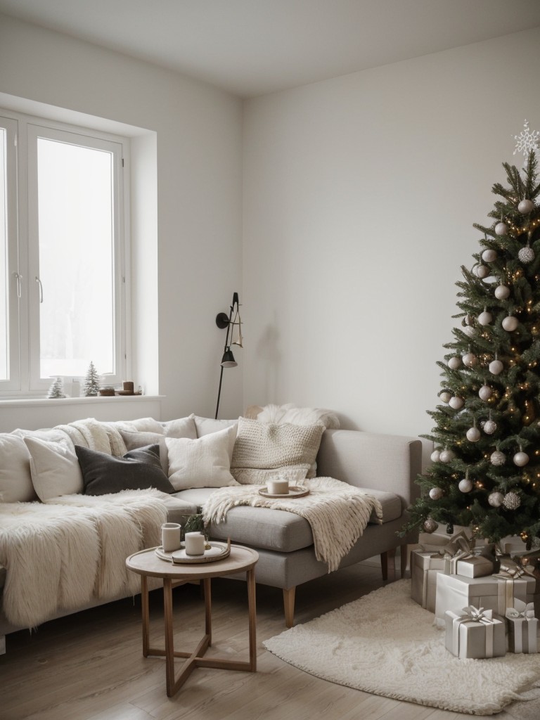 Scandinavian-inspired Christmas decor ideas for a small apartment, focusing on minimalism, neutral colors, and cozy textures to create a serene and inviting holiday setting.