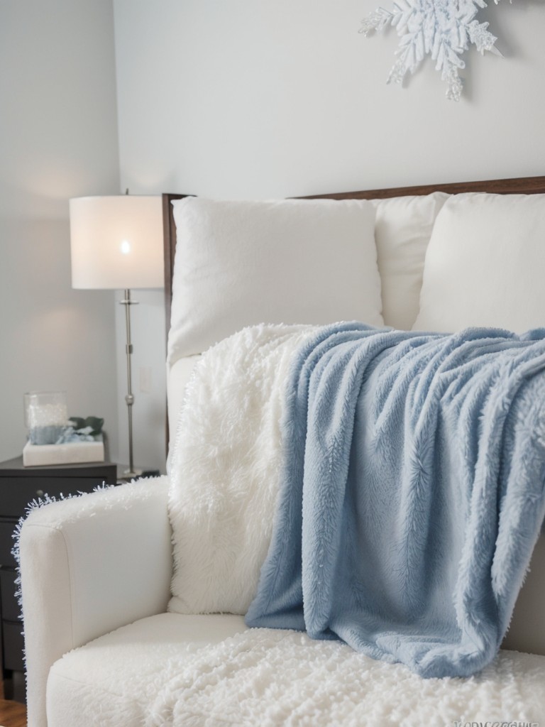 Tips for creating a winter wonderland in your small apartment by incorporating snowflake decorations, icy blue accents, and cozy faux fur throws to evoke a frosty atmosphere.