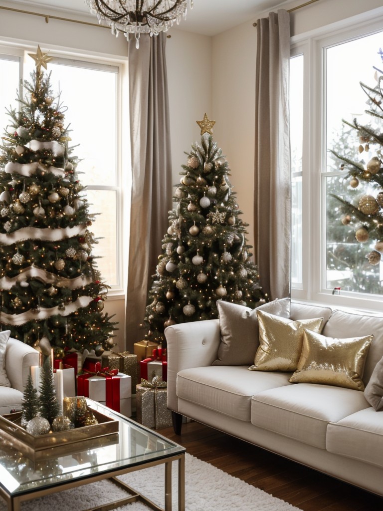 Transform your small apartment into a magical holiday retreat with Christmas decorating ideas that incorporate metallic accents, glamorous decor, and shimmering lights.