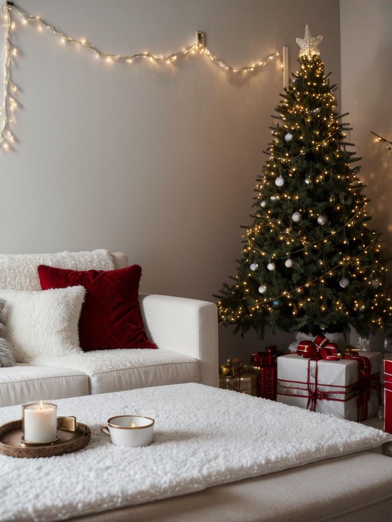 Transform your small apartment into a magical winter retreat with Christmas decorating ideas that incorporate fairy lights, faux fur accents, and snowy white decor.