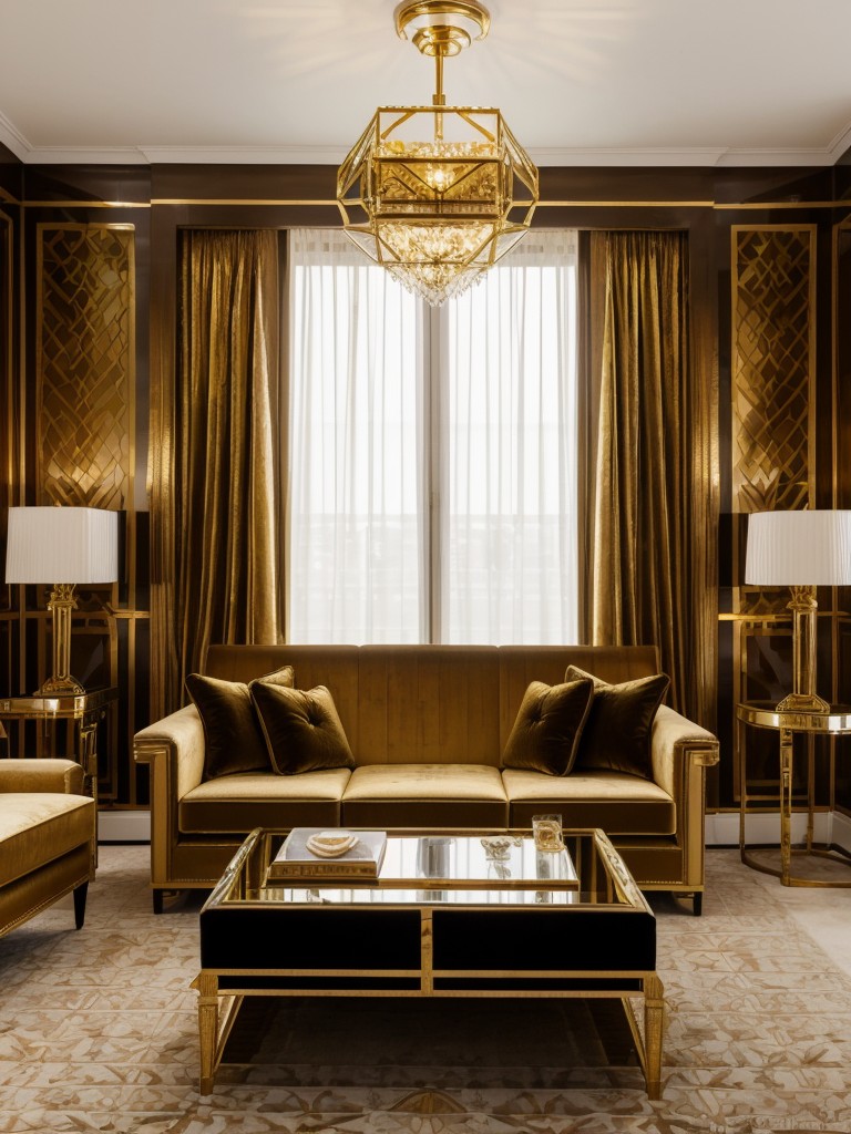 Art deco-inspired room with geometric patterns, velvet furniture, and gold accents for a glamorous touch.