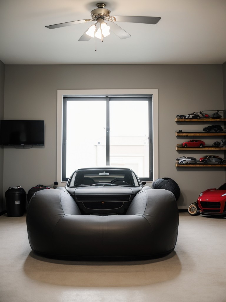 Automotive enthusiast's room with car-themed decor, tire-shaped bean bag chairs, and wall-mounted car parts.