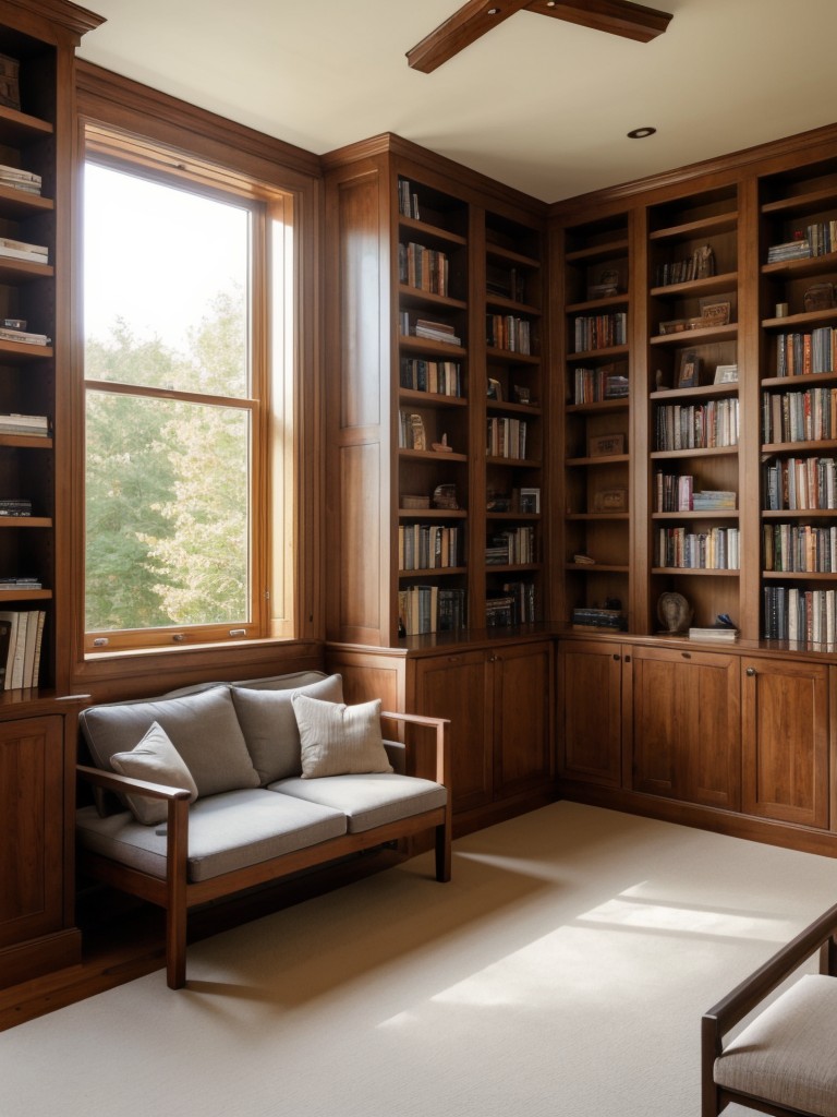 Bookworm's room with floor-to-ceiling bookshelves, a cozy reading nook, and adjustable task lighting.