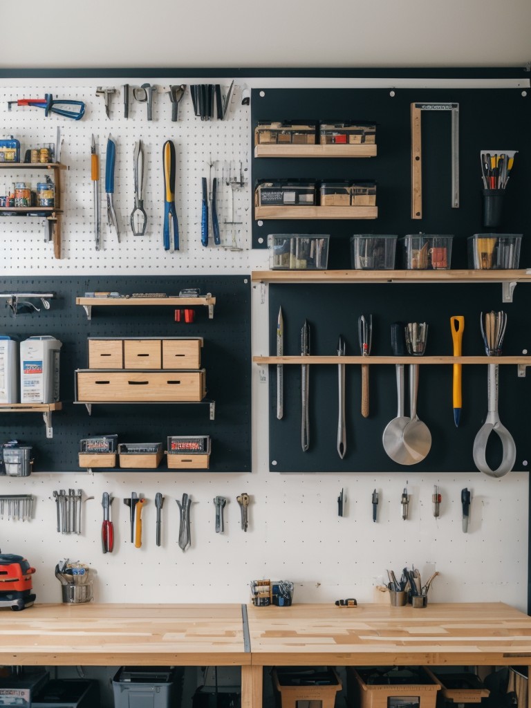 DIY enthusiast's room with a dedicated workshop space, organized tool storage, and a pegboard wall.