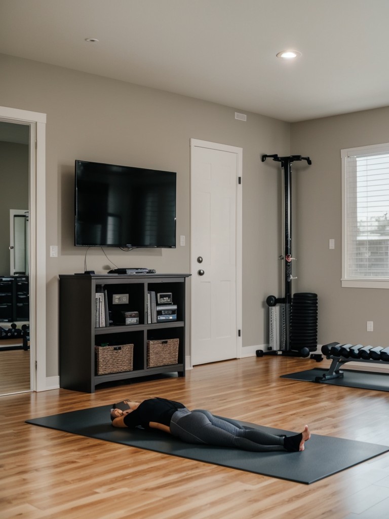 Fitness enthusiast's room with a small home gym setup, motivational wall quotes, and yoga mat storage.