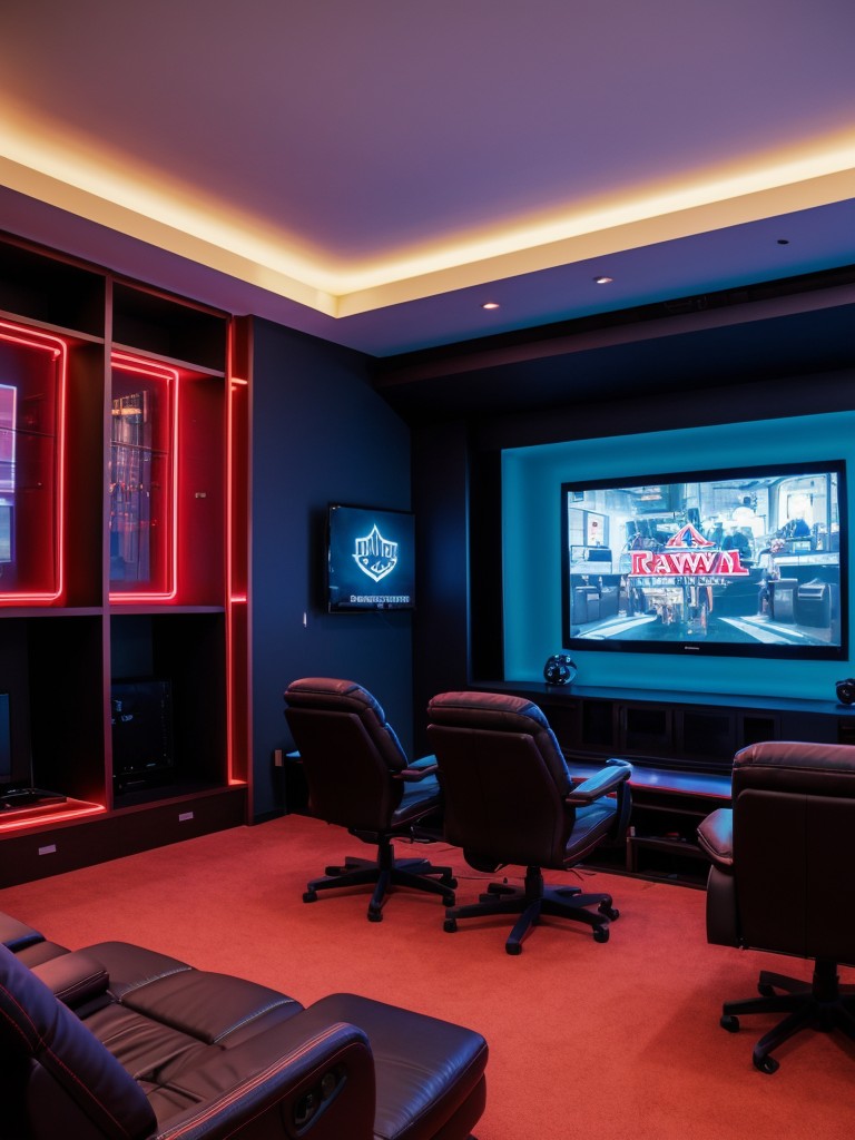 Gaming room with a dedicated console setup, comfortable gaming chairs, and neon lighting accents.